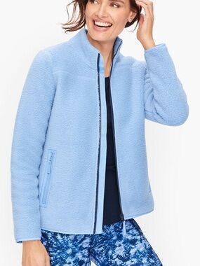 Talbots NWT Soft Blue Sherpa Woven Trim Fleece Zip Up Jacket Large Petite